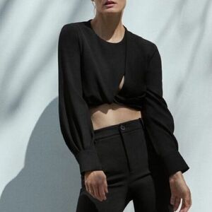 NEW Zara Womens Crop Cut Out Blouse Top Black Long Sleeve XS